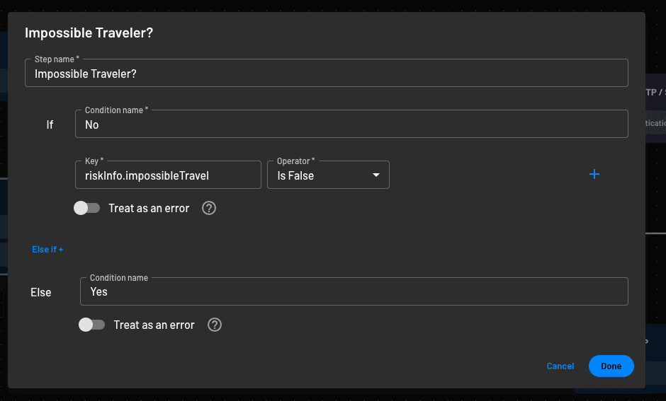 Add a condition to check for impossible traveler within a Descope flow to enable adaptive MFA