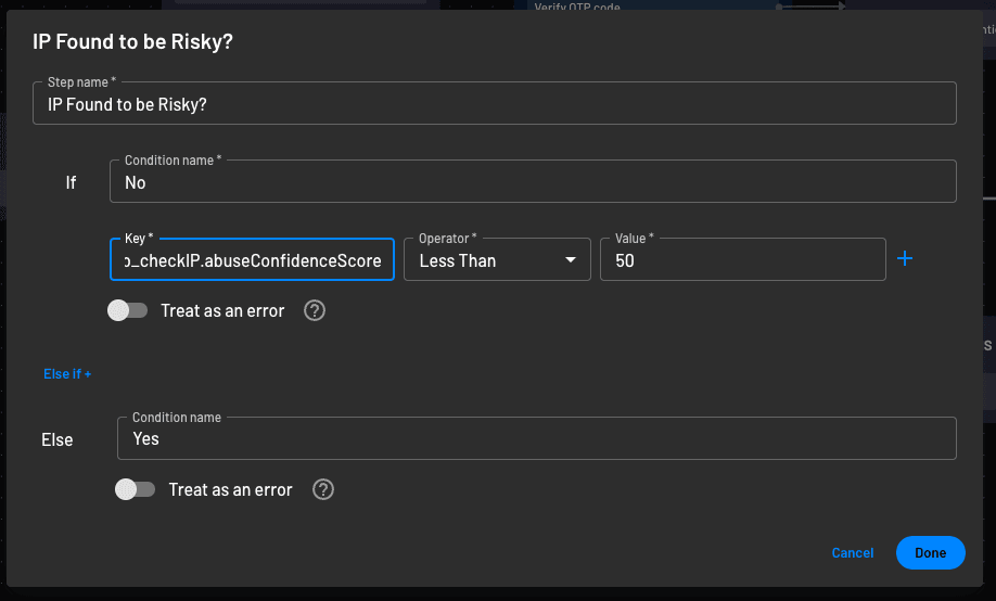 Add a condition to check for risky IP reputation within a Descope flow to enable adaptive MFA