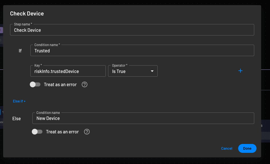 Add a condition to check if a device is trusted within a Descope flow to enable adaptive MFA for trusted device