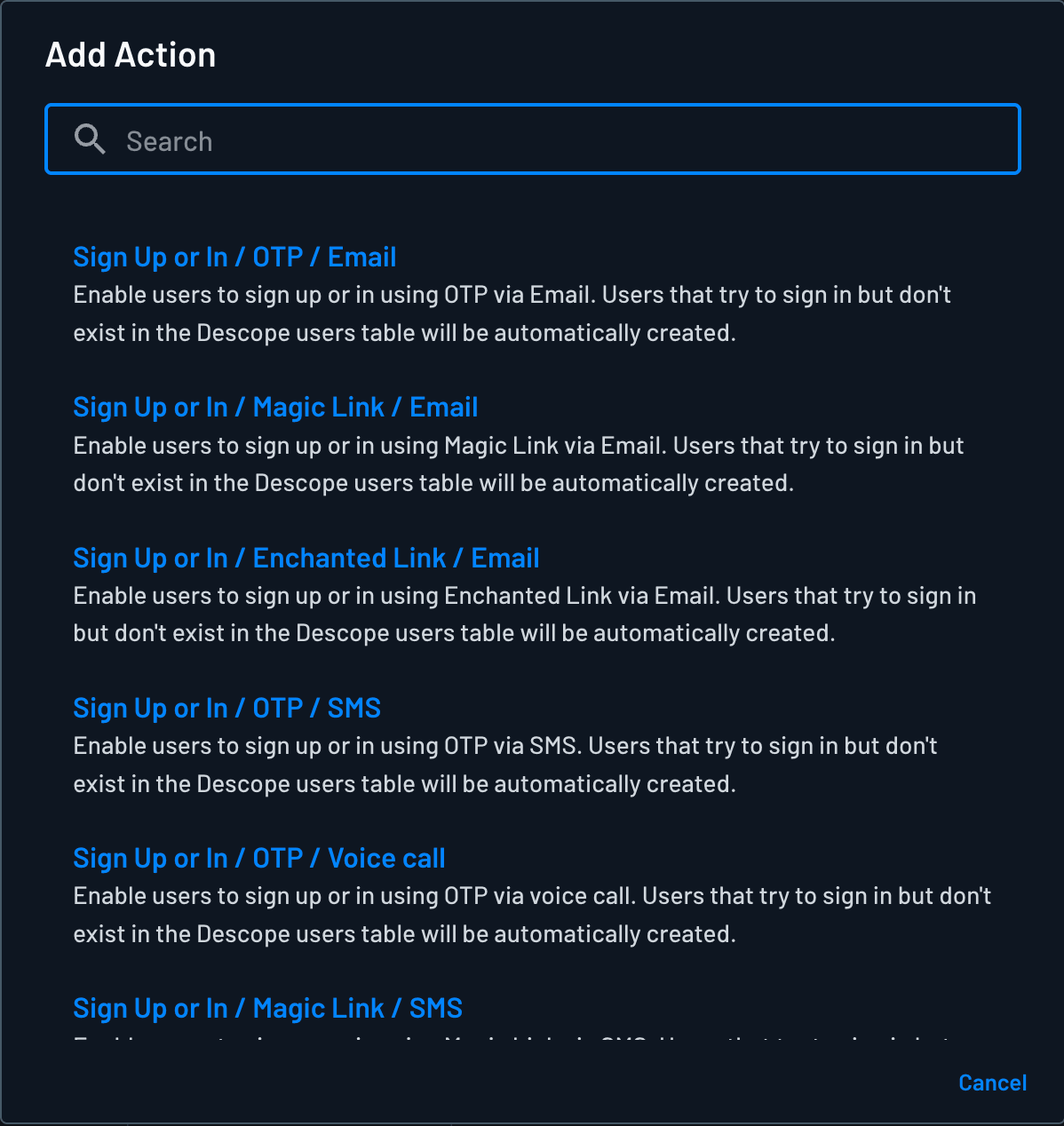 Selecting an action to add to your Descope flow