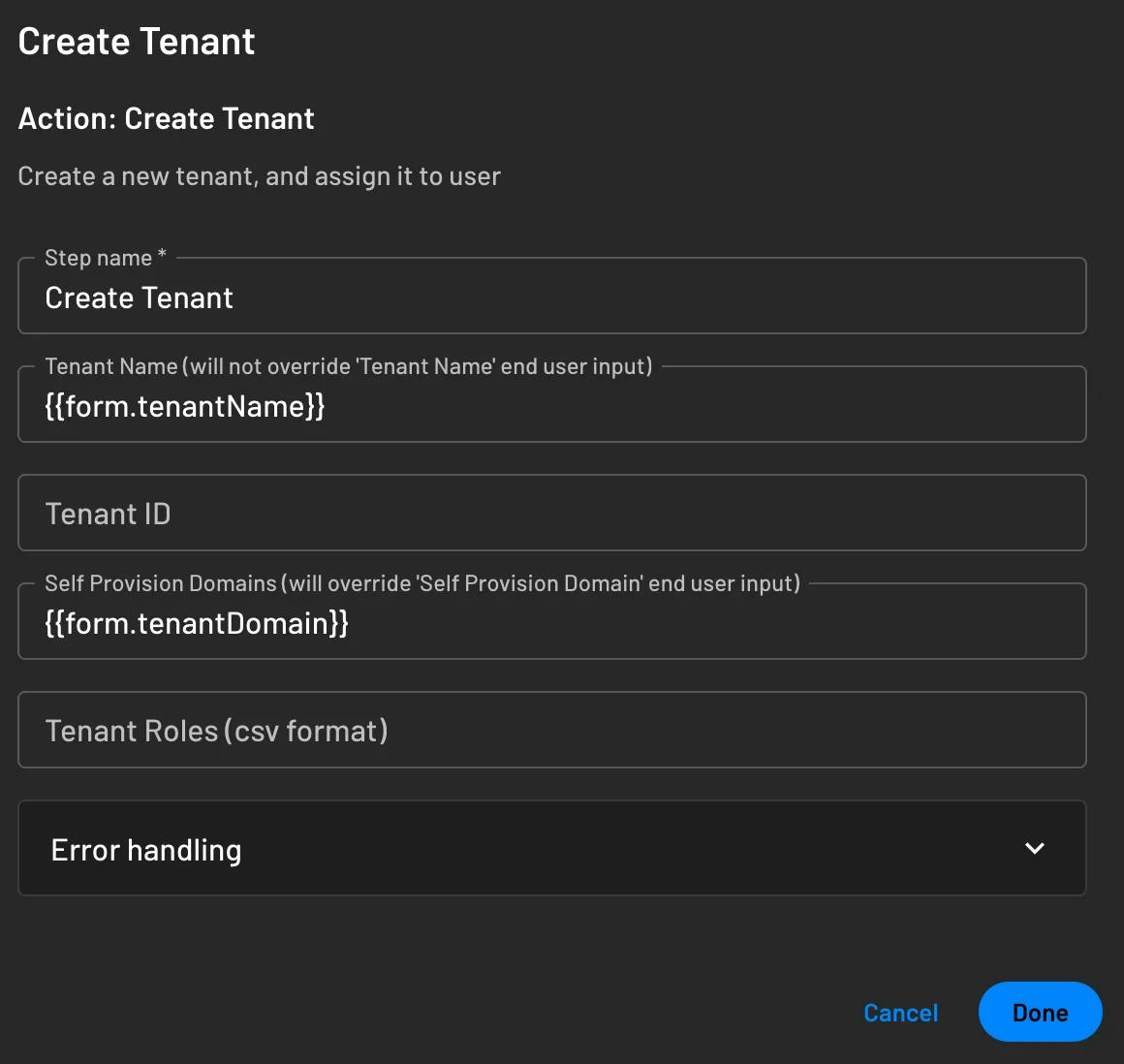 create tenant action