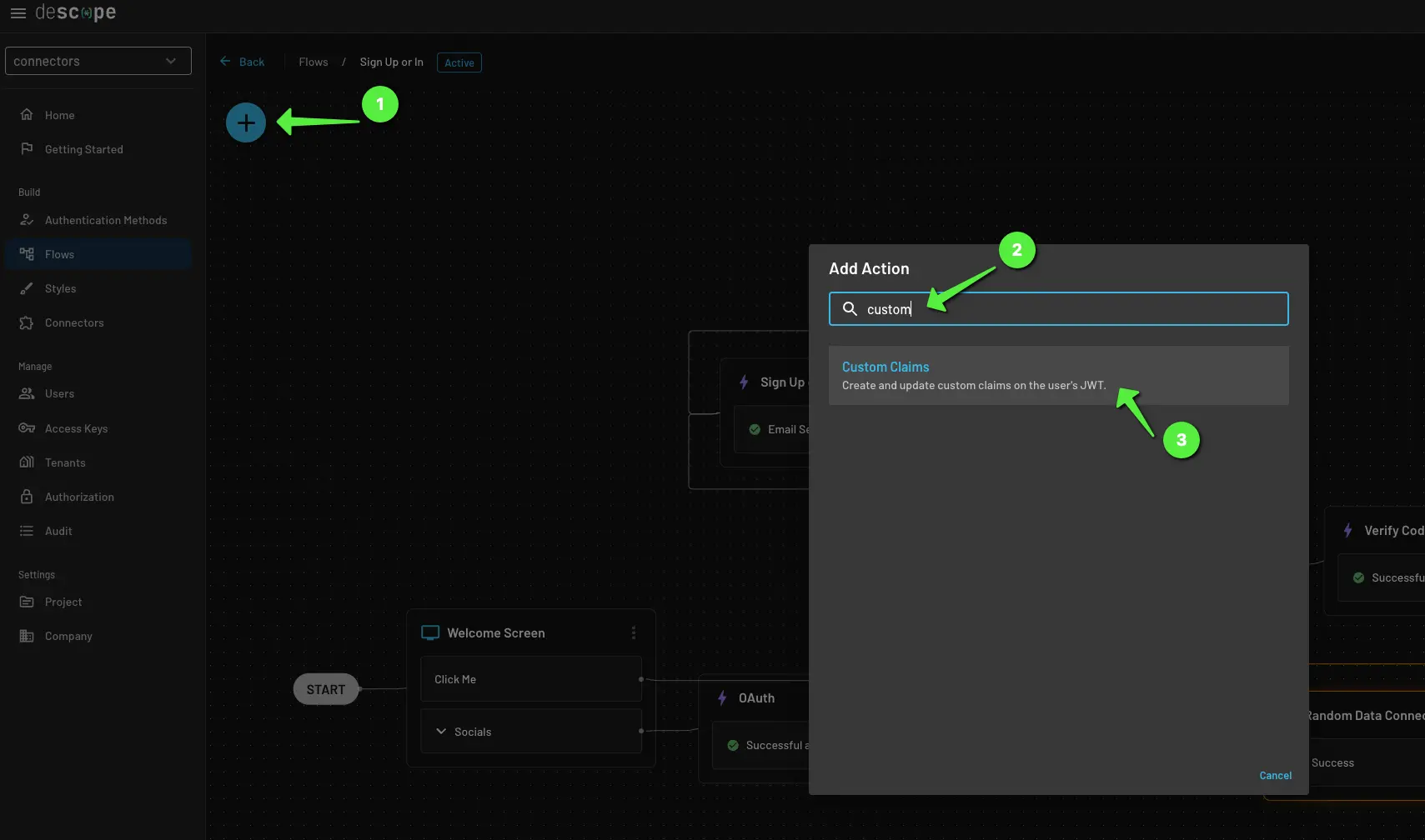 Adding Descope custom claims action within flows