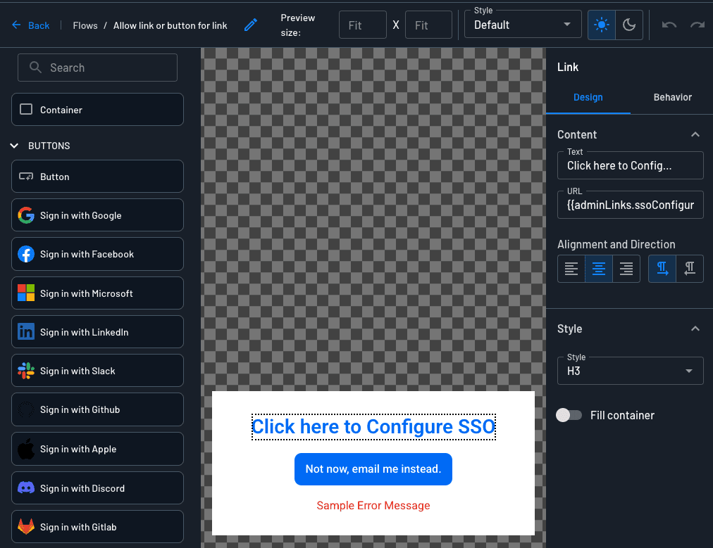 Displaying the Descope SSO Setup suite link within a link on a flow screen.