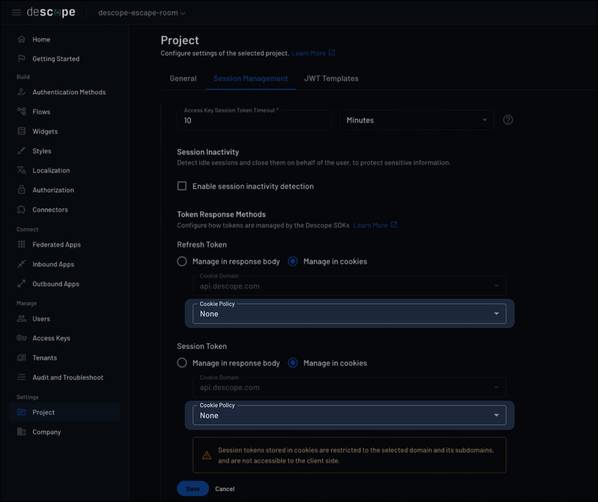 Descope settings showing refresh and session token cookie management