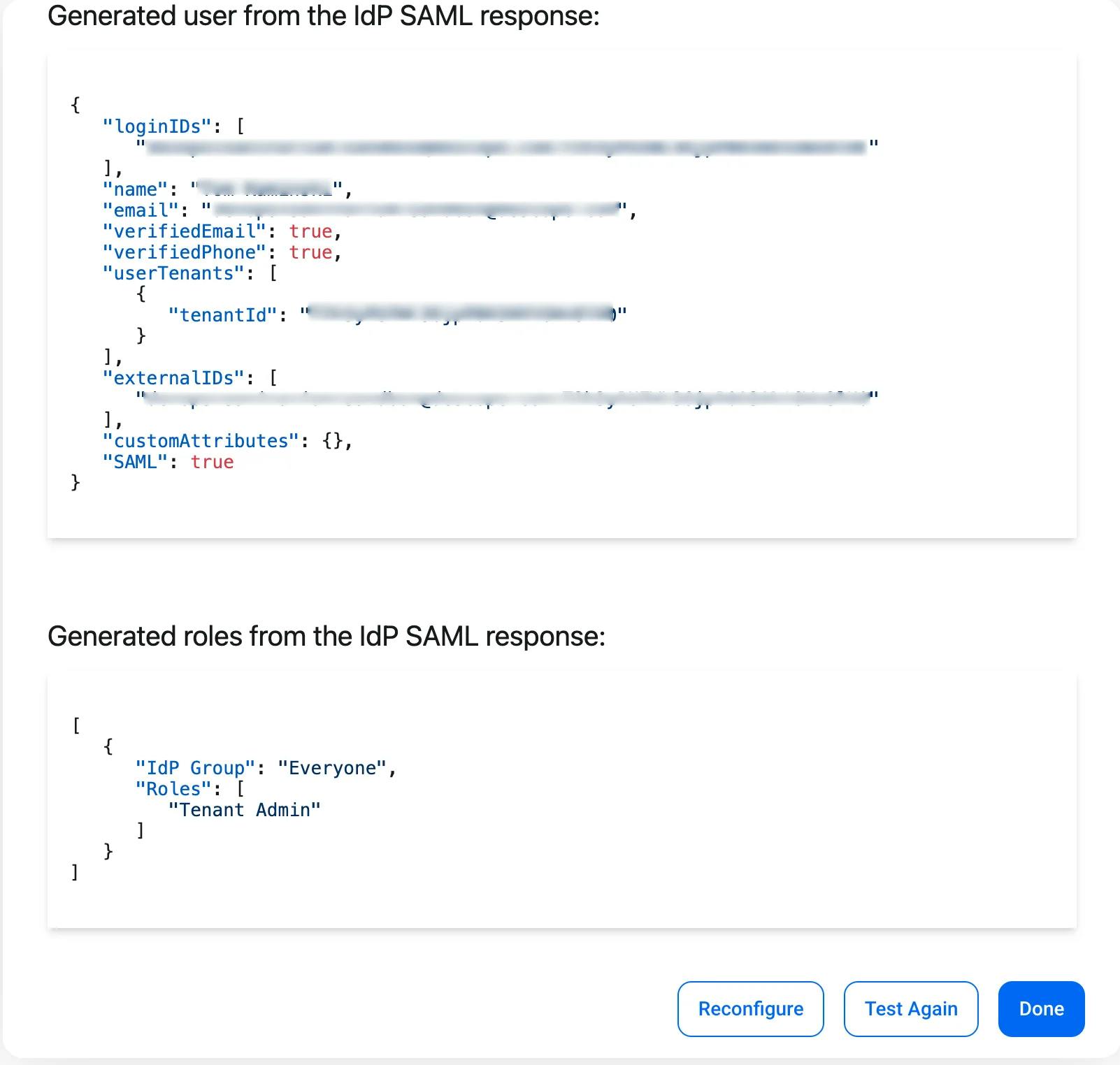 sso config saml response user and groups