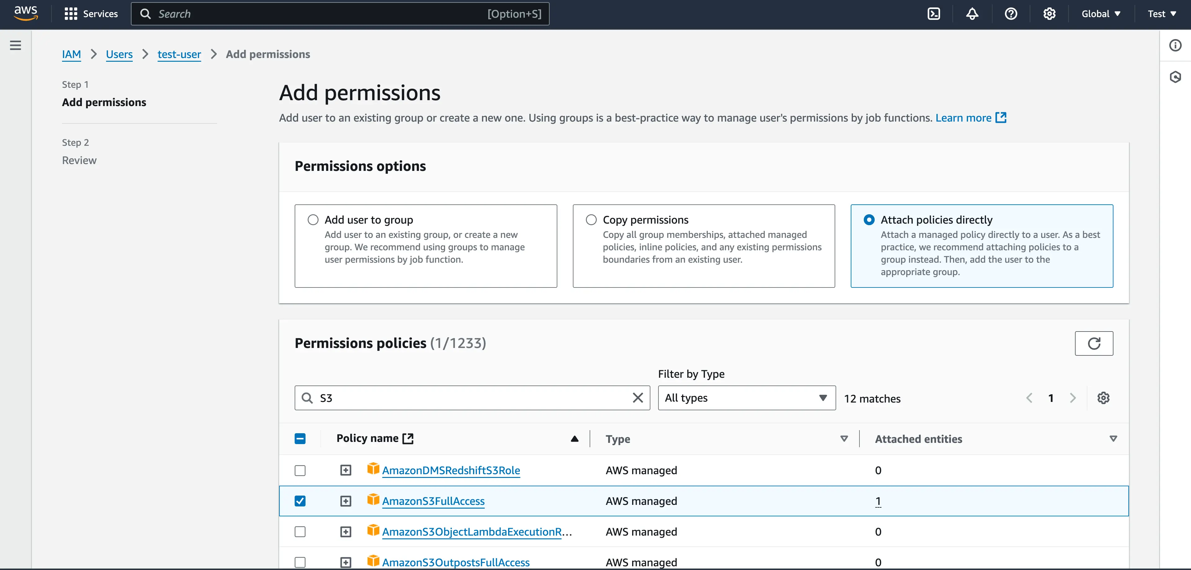 Adding Permissions to AWS IAM User