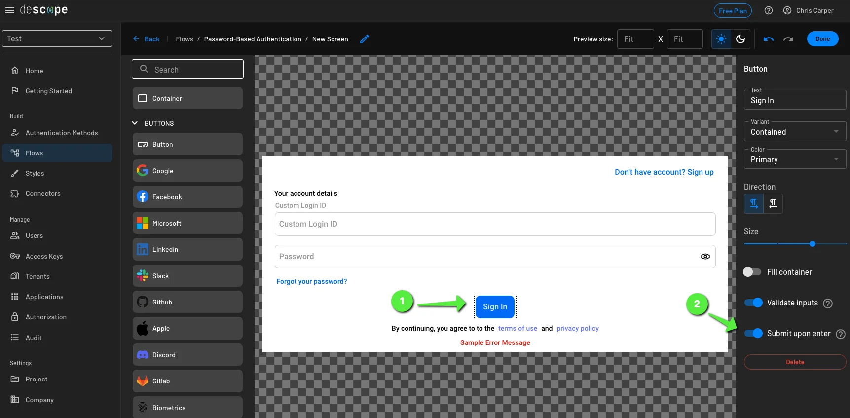 Configure which button will submit upon enter within Descope flow