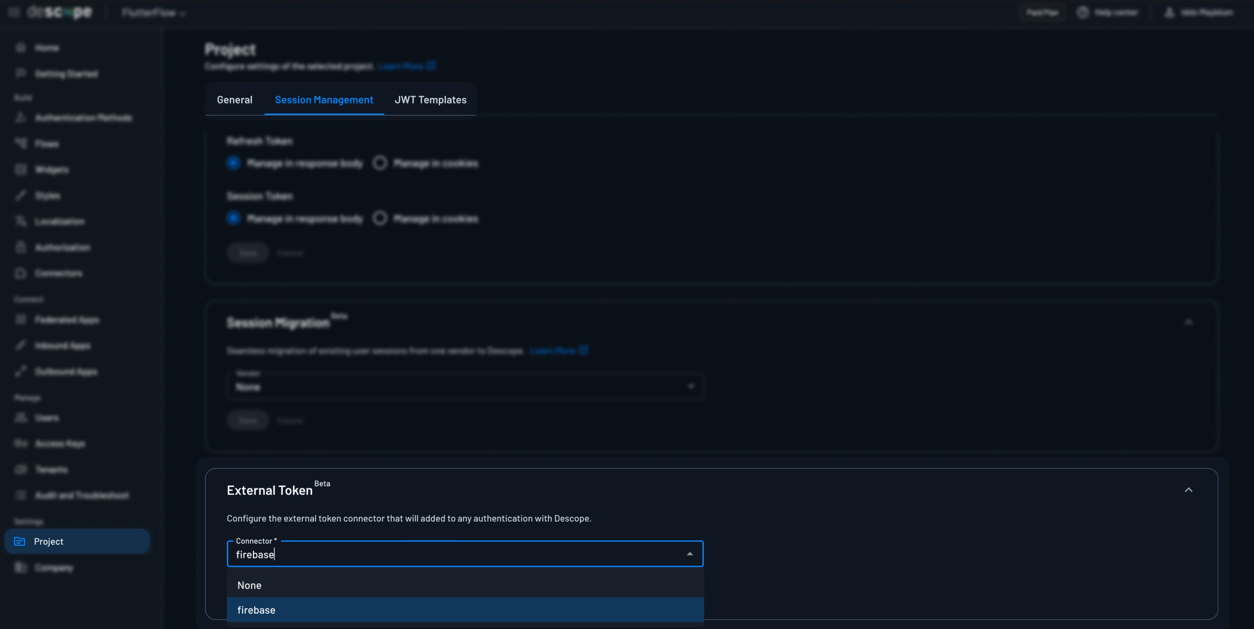 External token connector selection in project settings