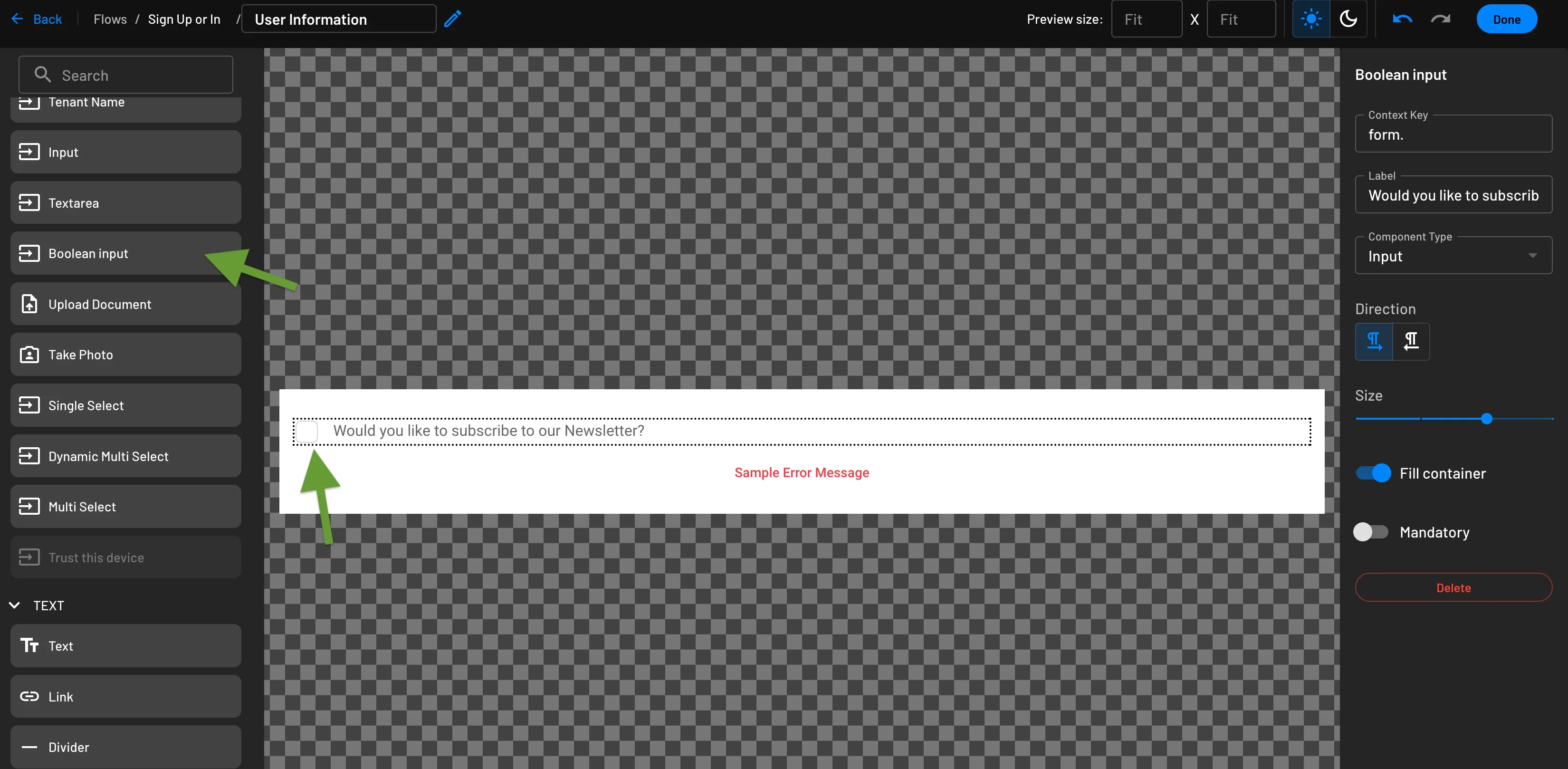 Adding generic boolean component within your Descope flow