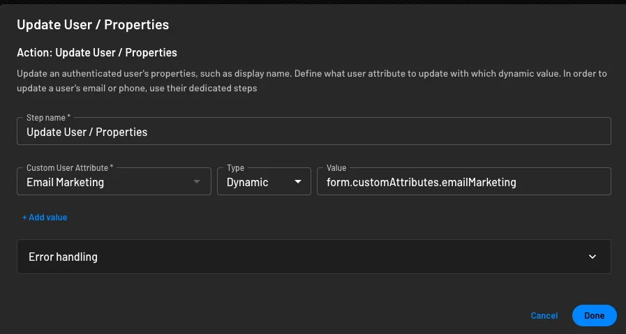 Configure update user action to update the user's checkbox selection within your Descope flow