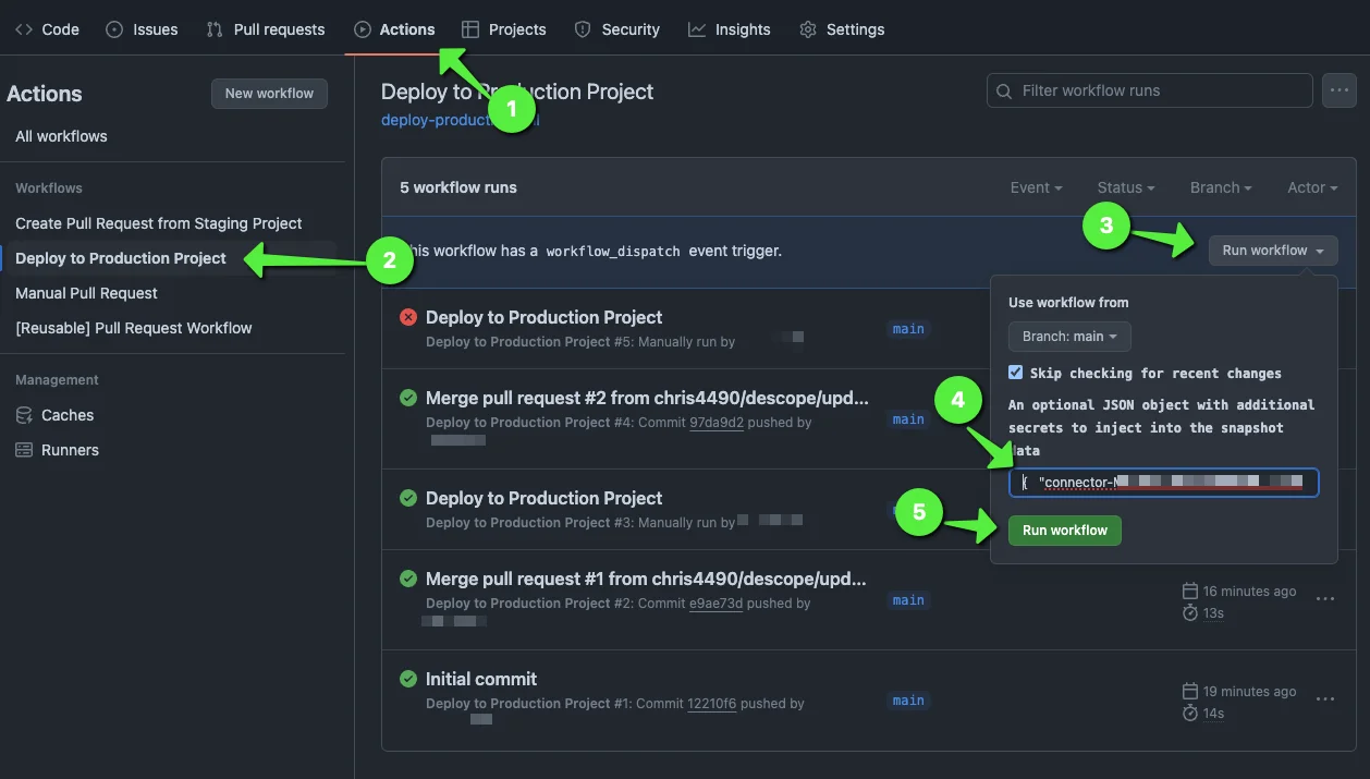 Rectifying a failed production deployment with the Descope CI/CD template within GitHub by supplying connector or OAuth provider credentials