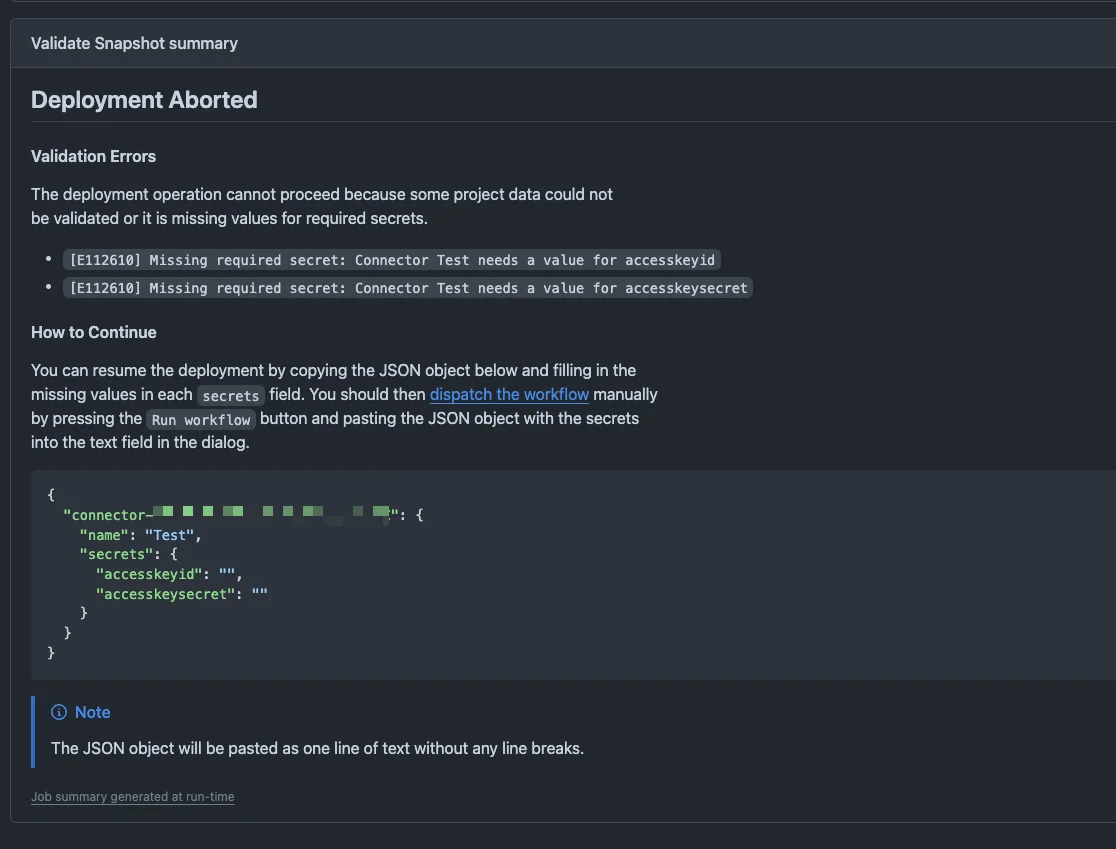 Failed deployment to Production Project action with the Descope CI/CD template within GitHub when the credential details are necessary