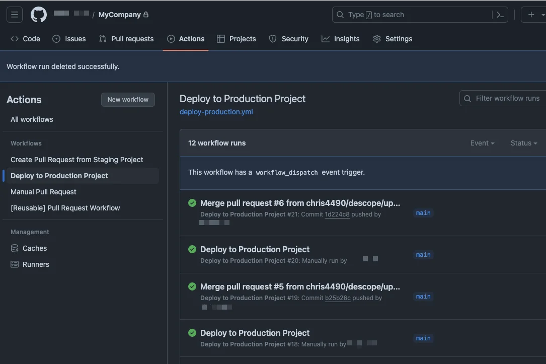 Deploy to Production Project action with the Descope CI/CD template within GitHub