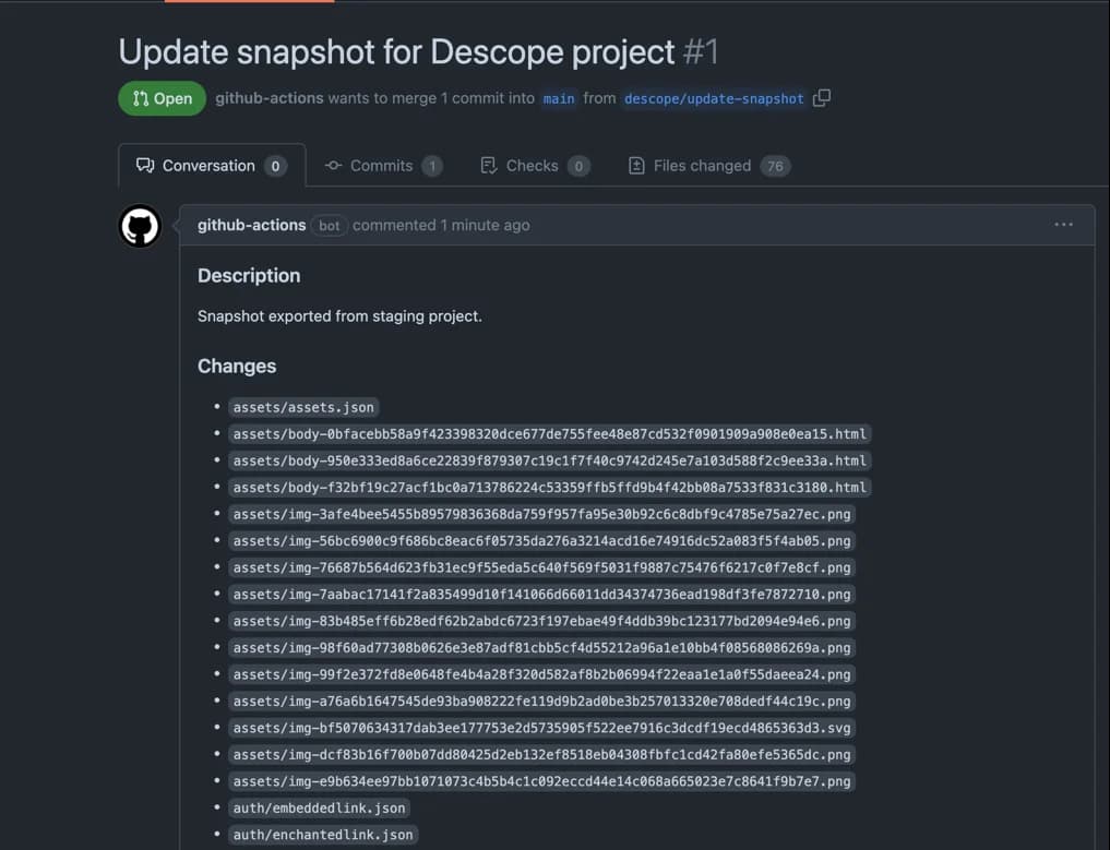 Previous of the created Pull Request from Staging Project with the Descope CI/CD template within GitHub