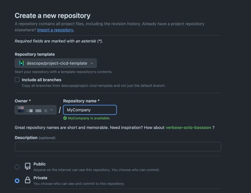 Create a repository for use with the Descope CI/CD template within GitHub