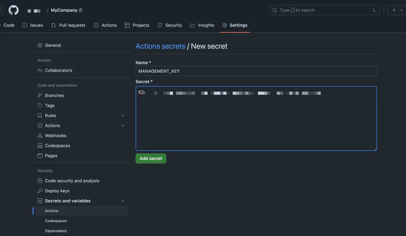 Configure management key secret for use with the Descope CI/CD template within GitHub