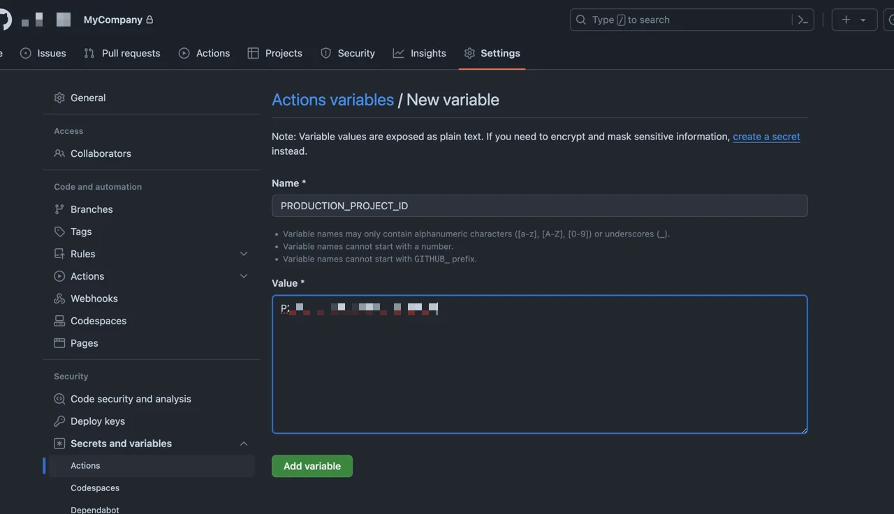 Configure project ID variables for use with the Descope CI/CD template within GitHub - 1