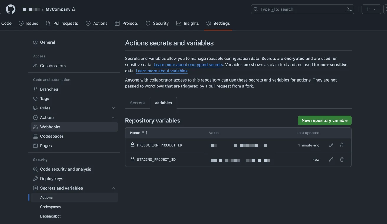 Configure project ID variables for use with the Descope CI/CD template within GitHub - 2