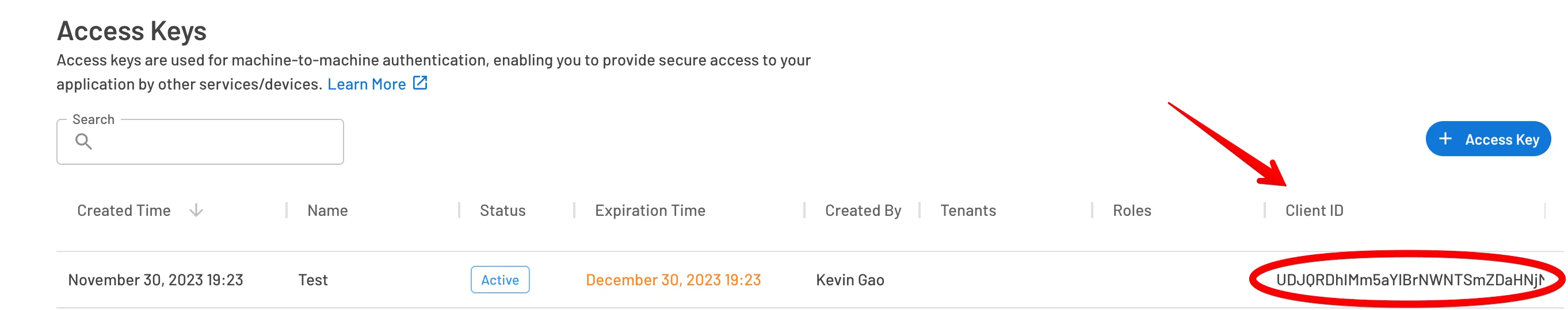 Client ID under Access Keys