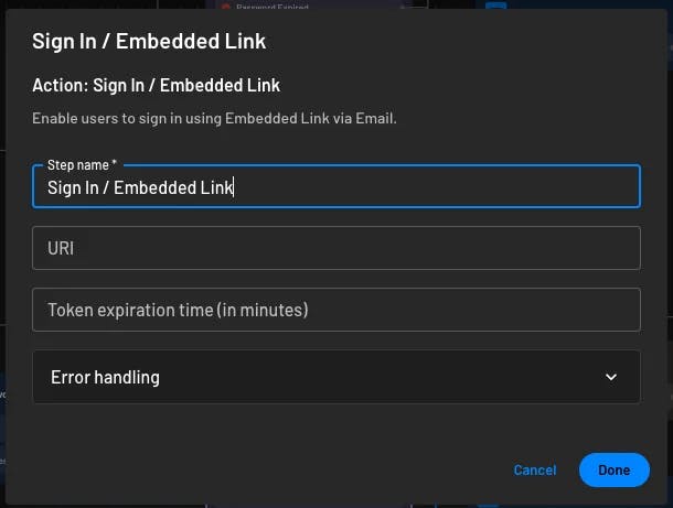 Configure embedded link sign in action for password reset within Descope flows