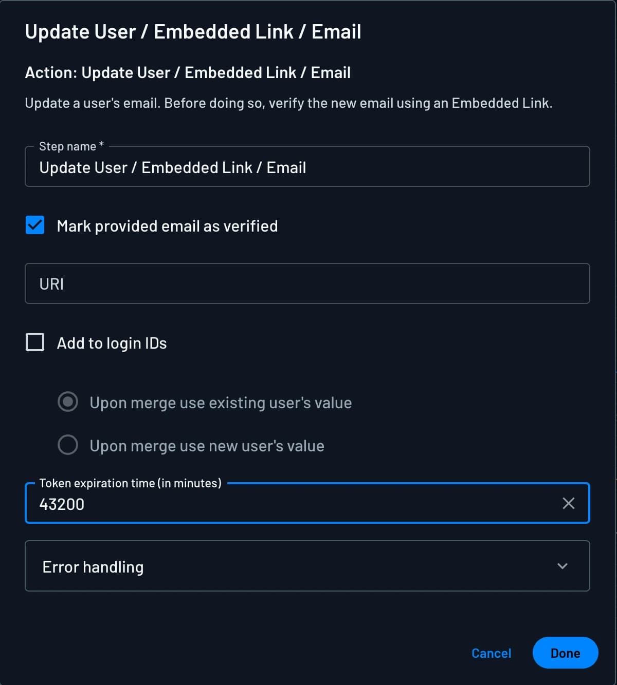 Configure embedded link update user via email action within Descope flows