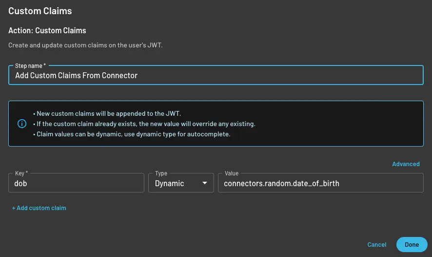 Adding Descope custom claims configuration within flows