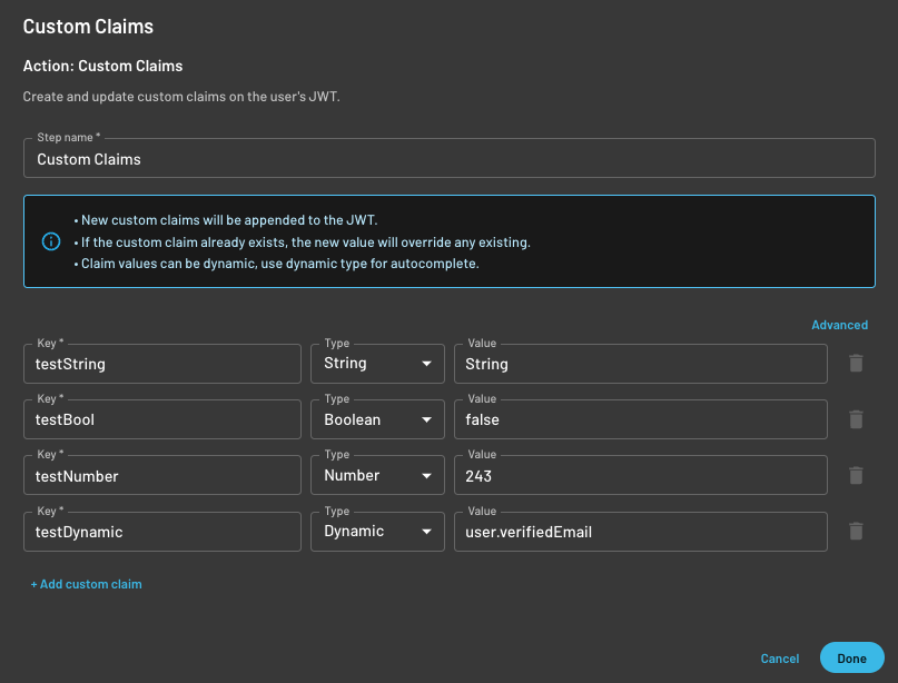 Descope custom claims management add to flow