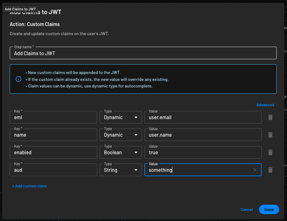 Descope custom claims management add to flow