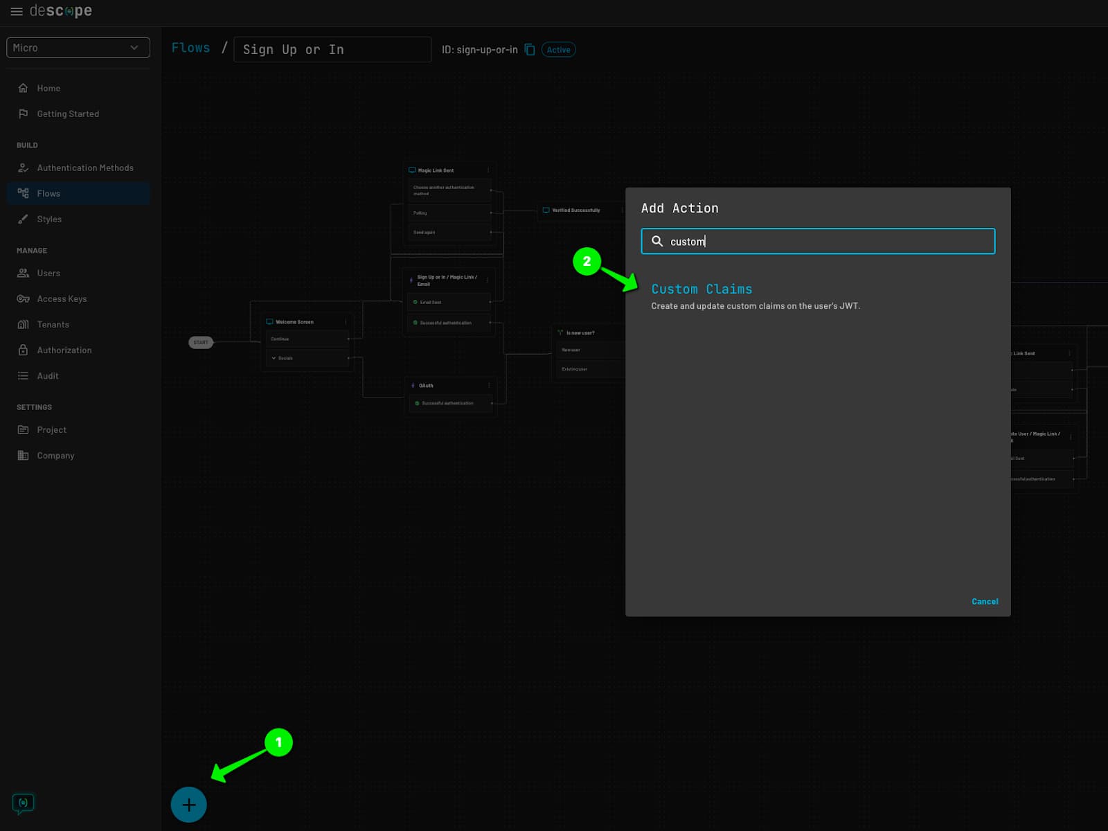 Descope custom claims management add to flow