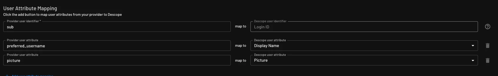 Custom Ethereum OAuth provider user attribute mapping configured within Descope