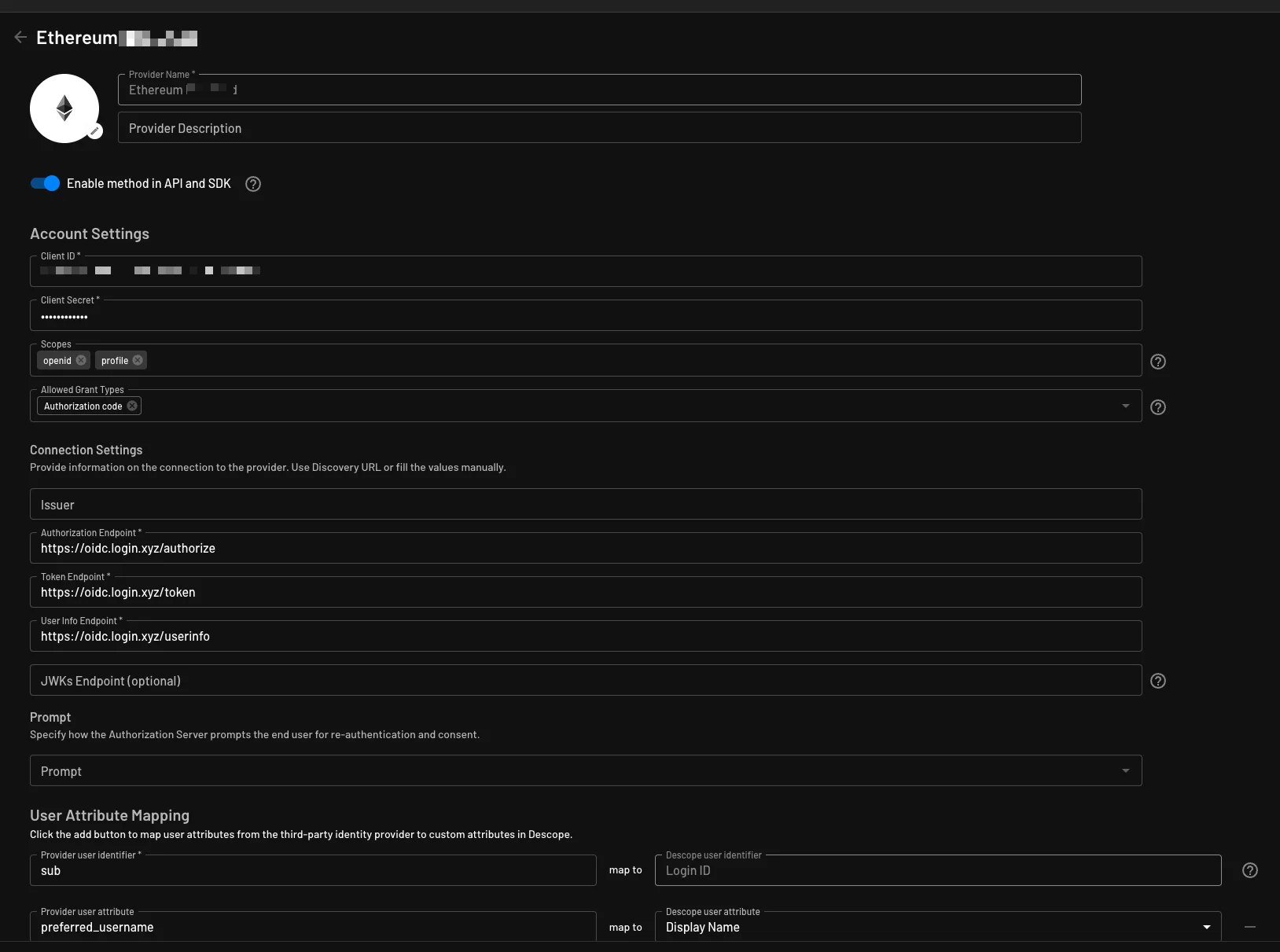 Custom Ethereum OAuth provider account settings configured within Descope