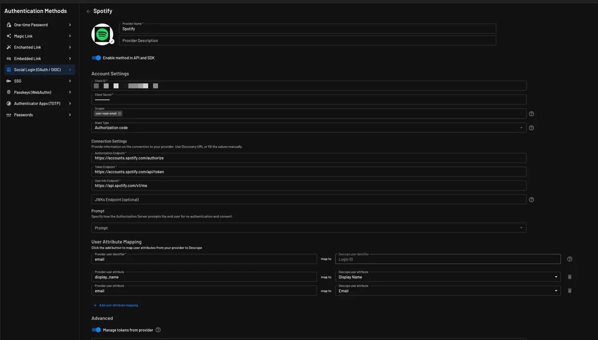 Custom Spotify OAuth provider account settings configured within Descope