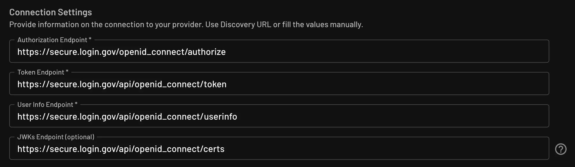 Custom Login.gov OAuth provider connection settings configured within Descope