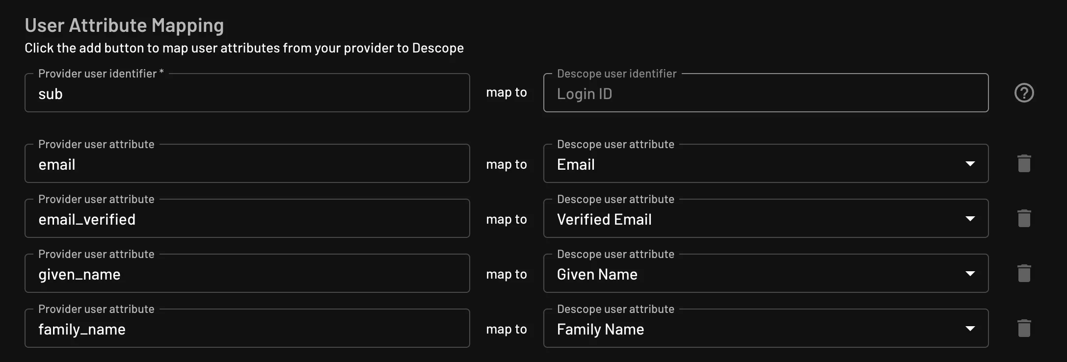 Custom Login.gov OAuth provider user attribute mapping configured within Descope