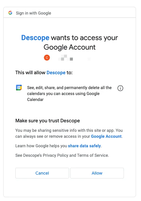 Descope - an example of a Google Consent flow asking for permission to the user's calendar