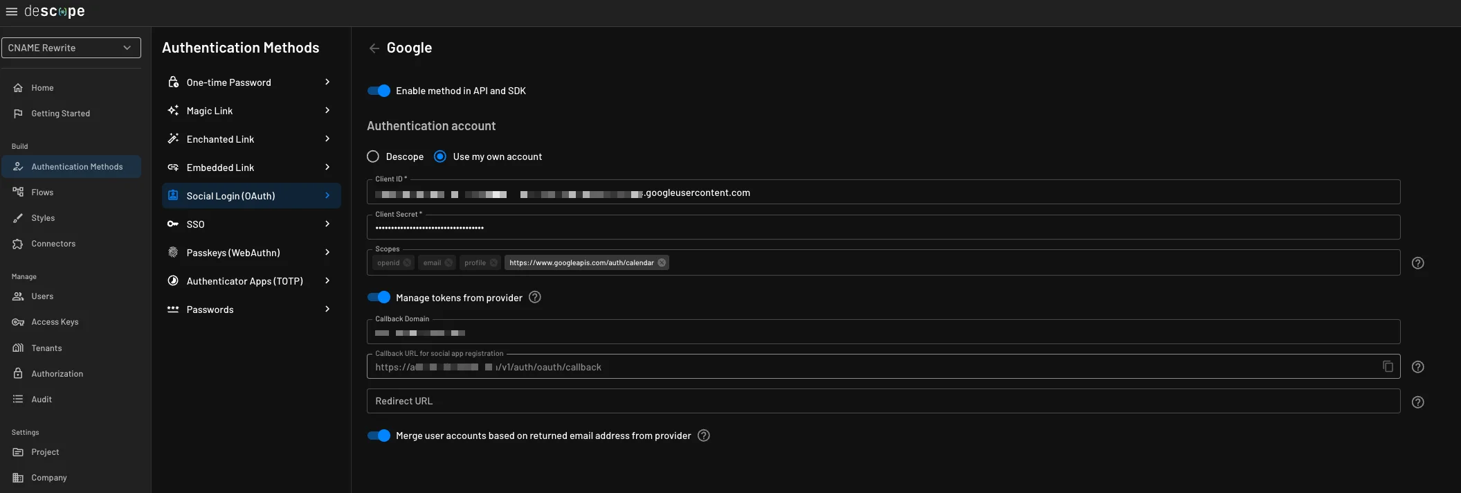 Descope configuration of google provider with the calendar scope and managing tokens