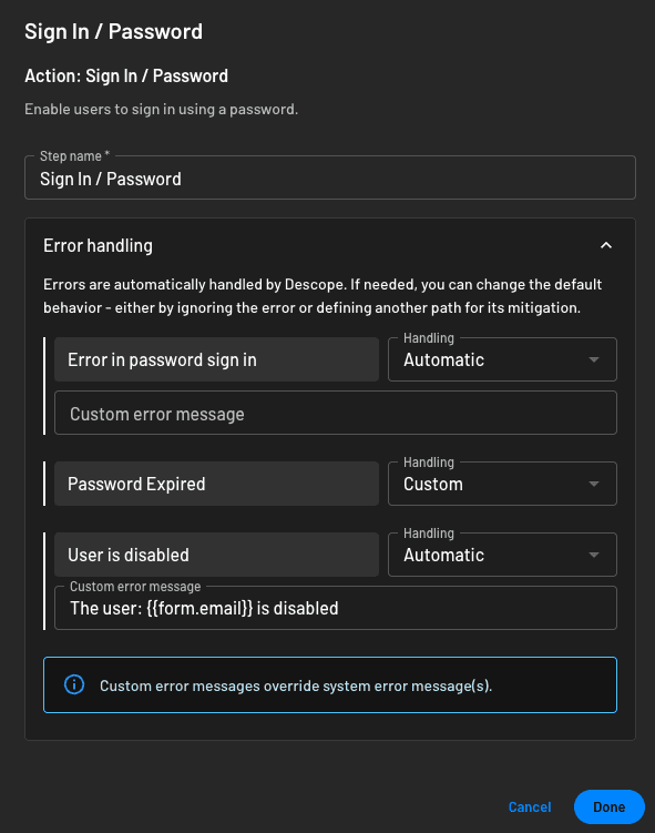 Example of configuring a Descope action to utilize a dynamic value within the error returned to the user