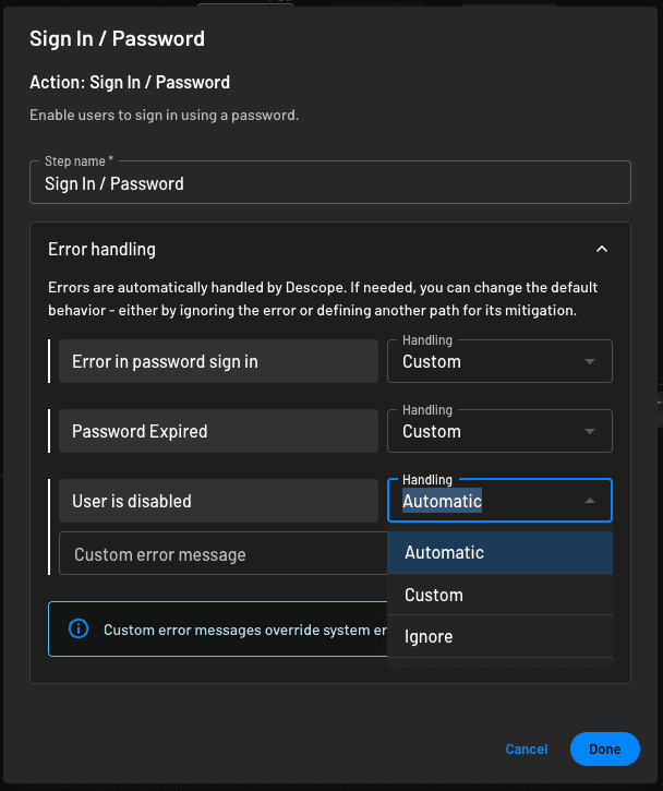 Descope error handling configuration within a Descope flow action