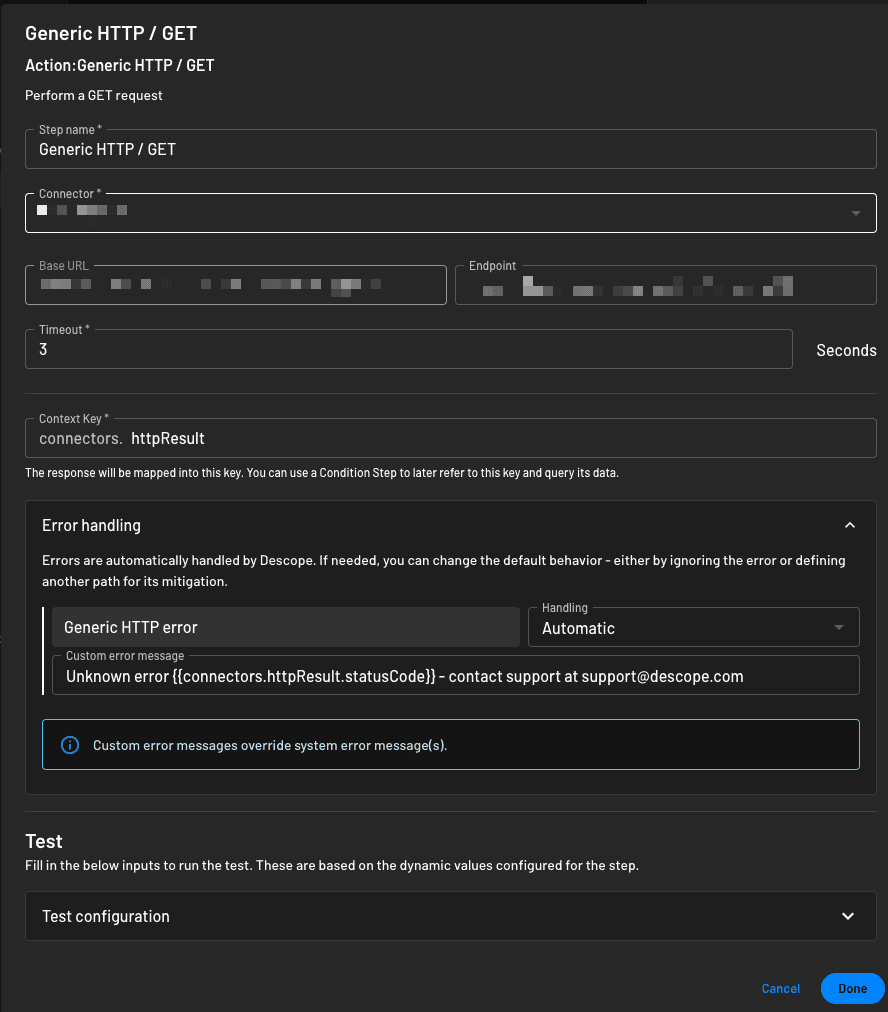 Descope error handling configuration example of using a dynamic value of an HTTP connector error