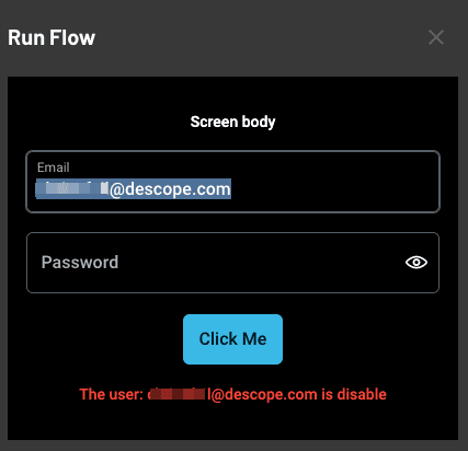 Example of error displayed to a user when using a dynamic value within an Descope flow action