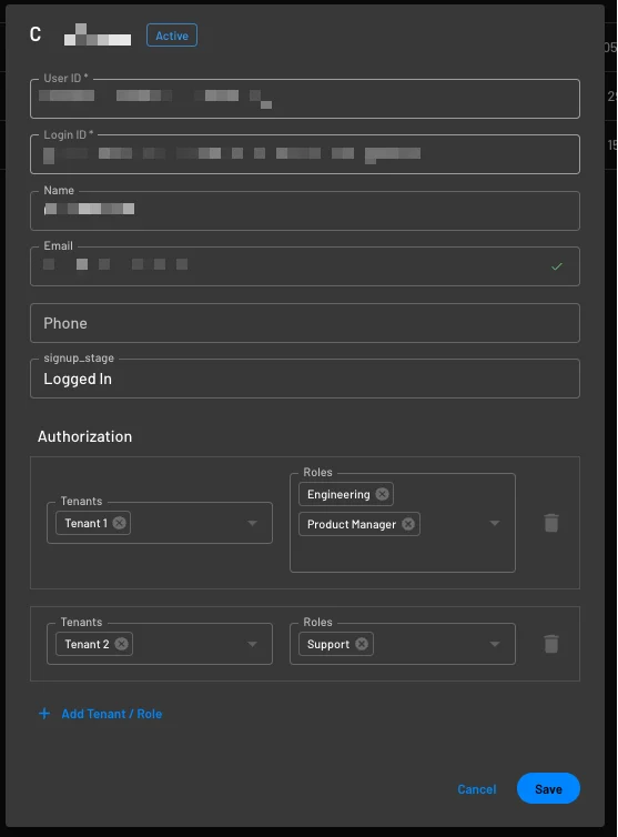 Descope adding tenants and roles to a user