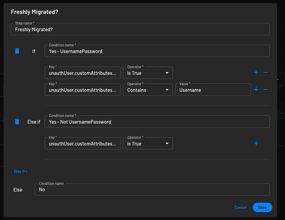 An example of using the freshlyMigrated attribute within a Descope flow conditional