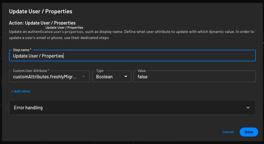 An example of setting the freshlyMigrated attribute to false within flows