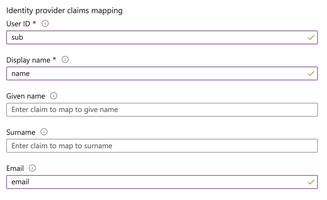 User attributes in azure identity provider config