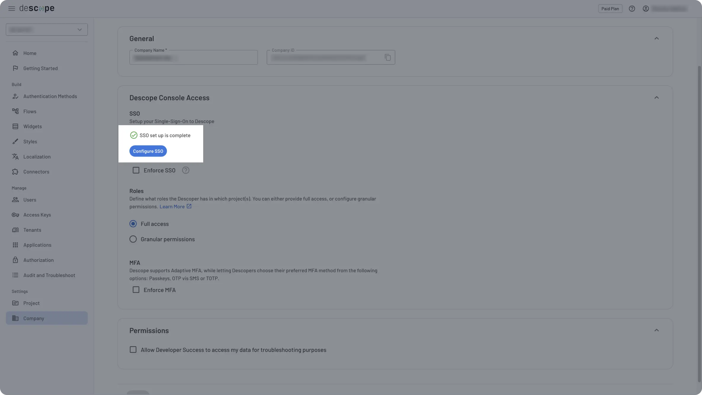 Descope Company Settings configure sso