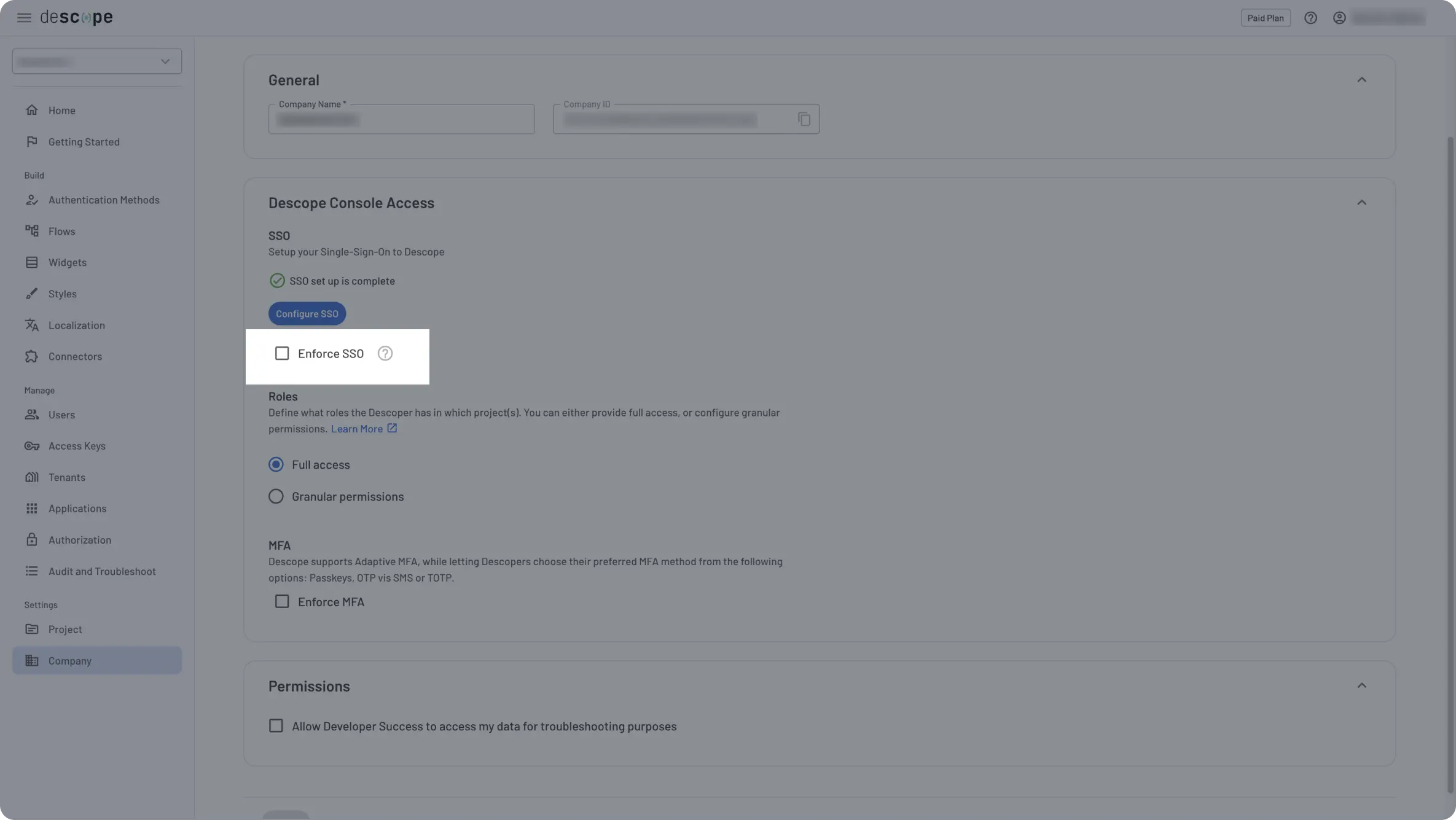 Descope Company Settings configure enforce mfa