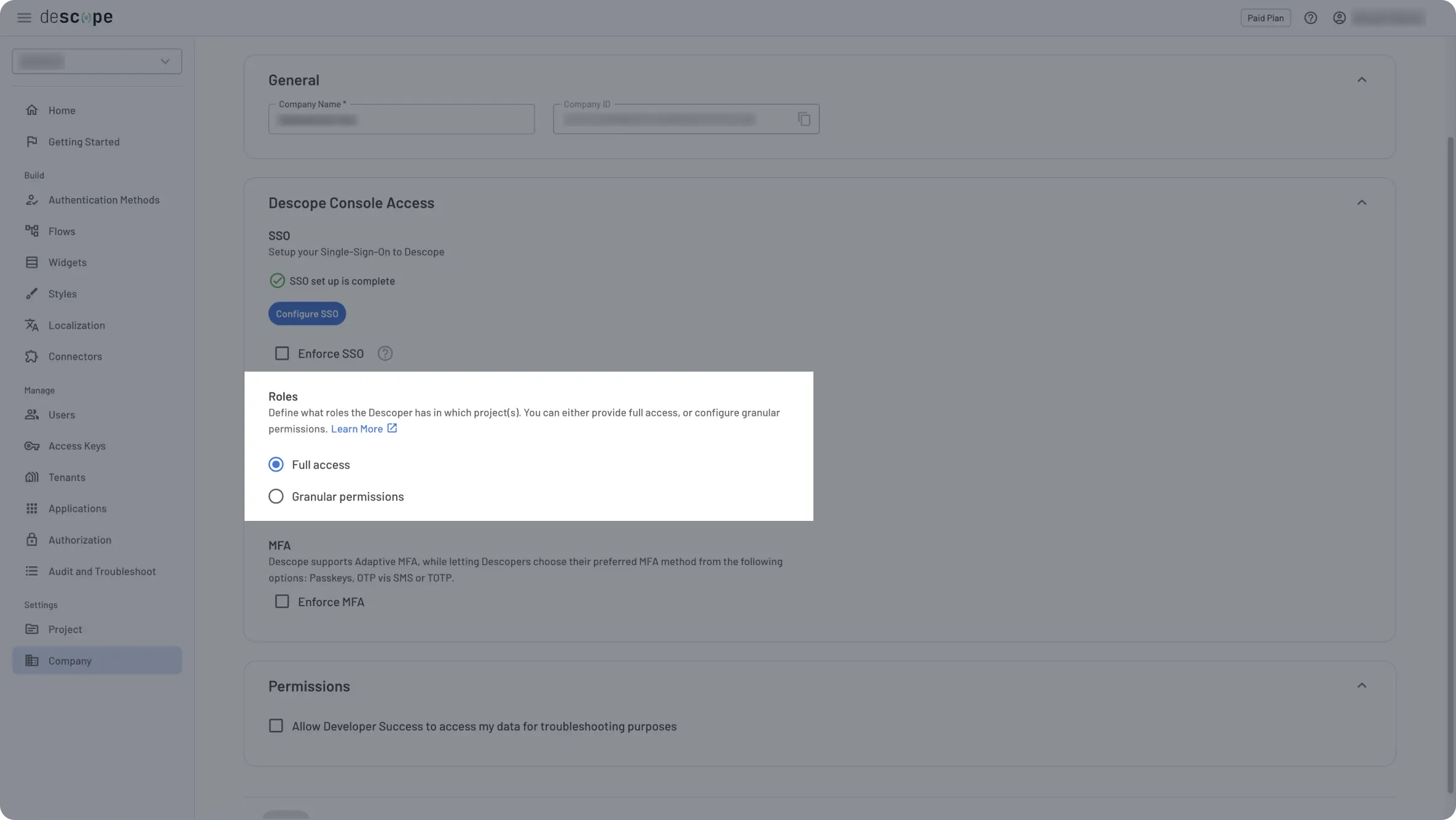 Descope Company Settings roles