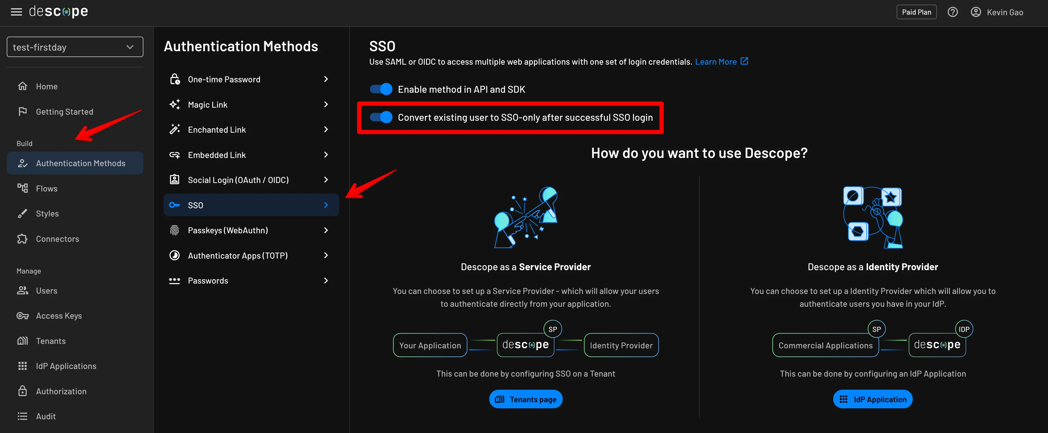 Descope convert sso user flag