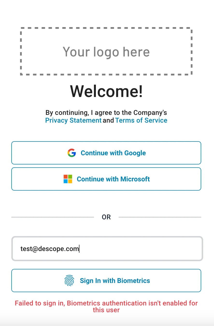 Descope example failed auth flow due to biometrics being disabled