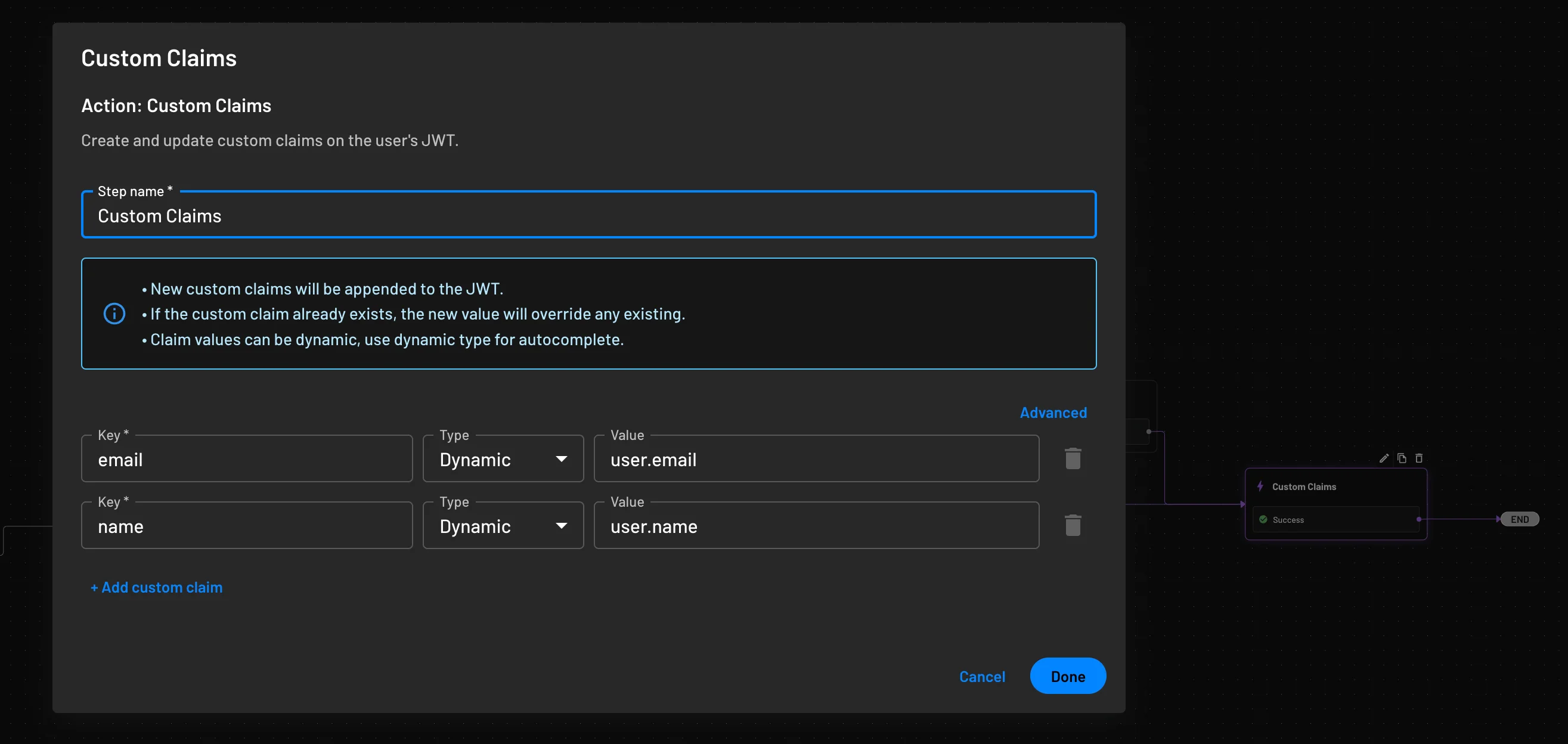 Descope flow custom claims action